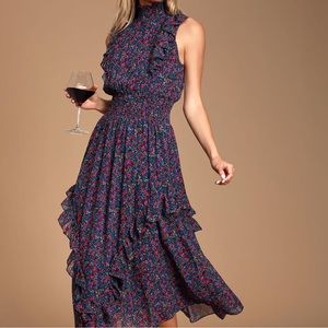 Lulus Evalina Navy Blue Floral Print Mock Neck Midi Dress